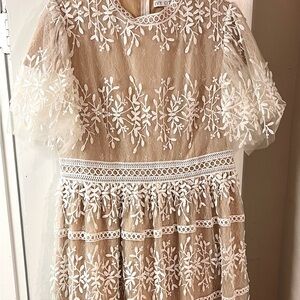 Lace Overlay Dress in Cream with White Embroidery
